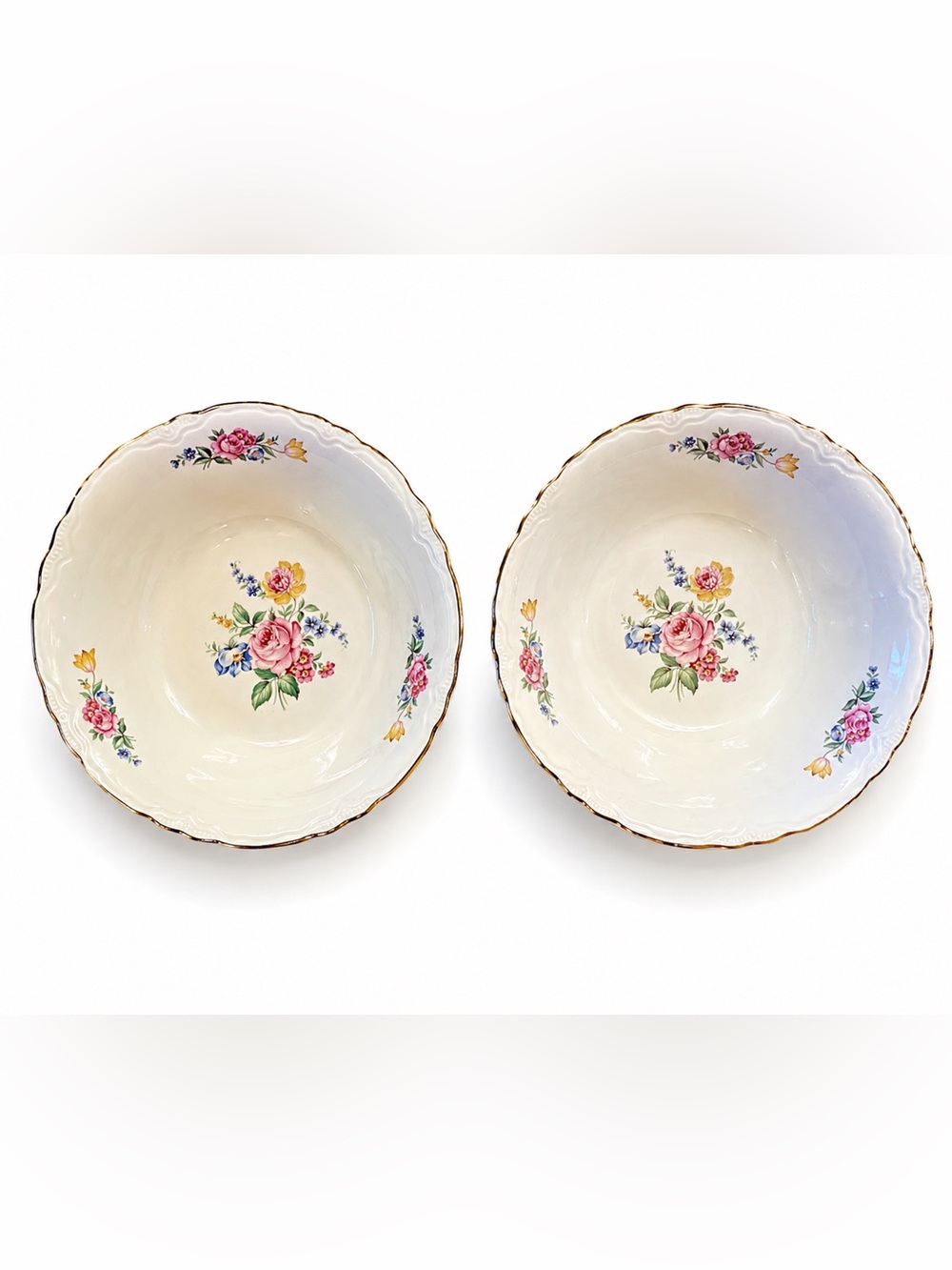 Vintage Floral Porcelain Serving Bowls Set of 2 Gold Trim 8” Cottage